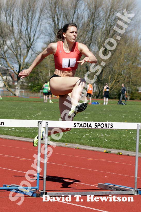 Samantha Coleby (Durham City) wins the 400 metres hurdles in 59.8sec. at the North of England, Div. 4E, Whitley Bay.